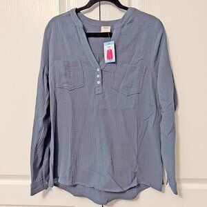 Mote Gauzy Henley Shirt Size: L Gray Long Sleeve V-Neck Cotton